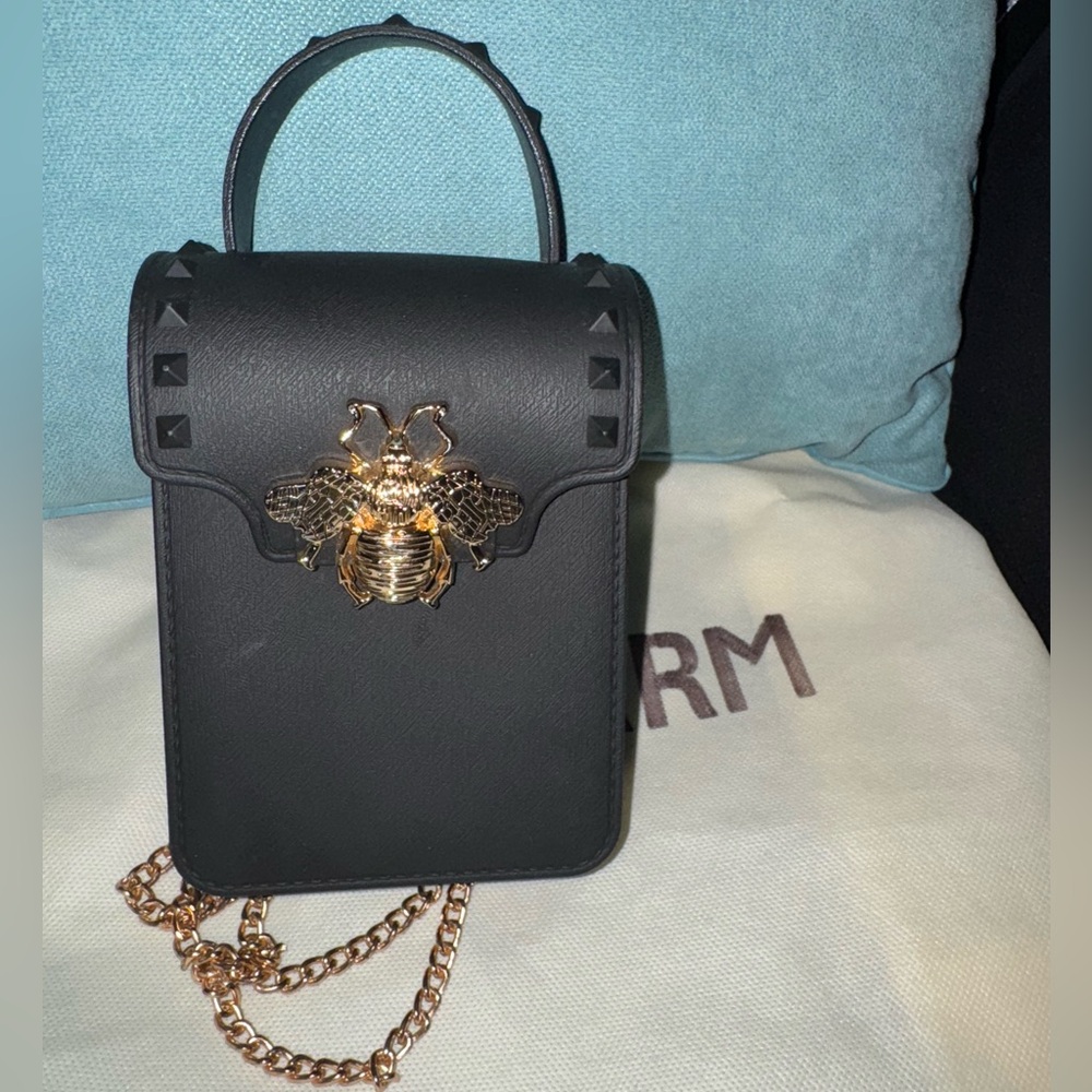Black Crossbody Bag with Gold Bee Accent